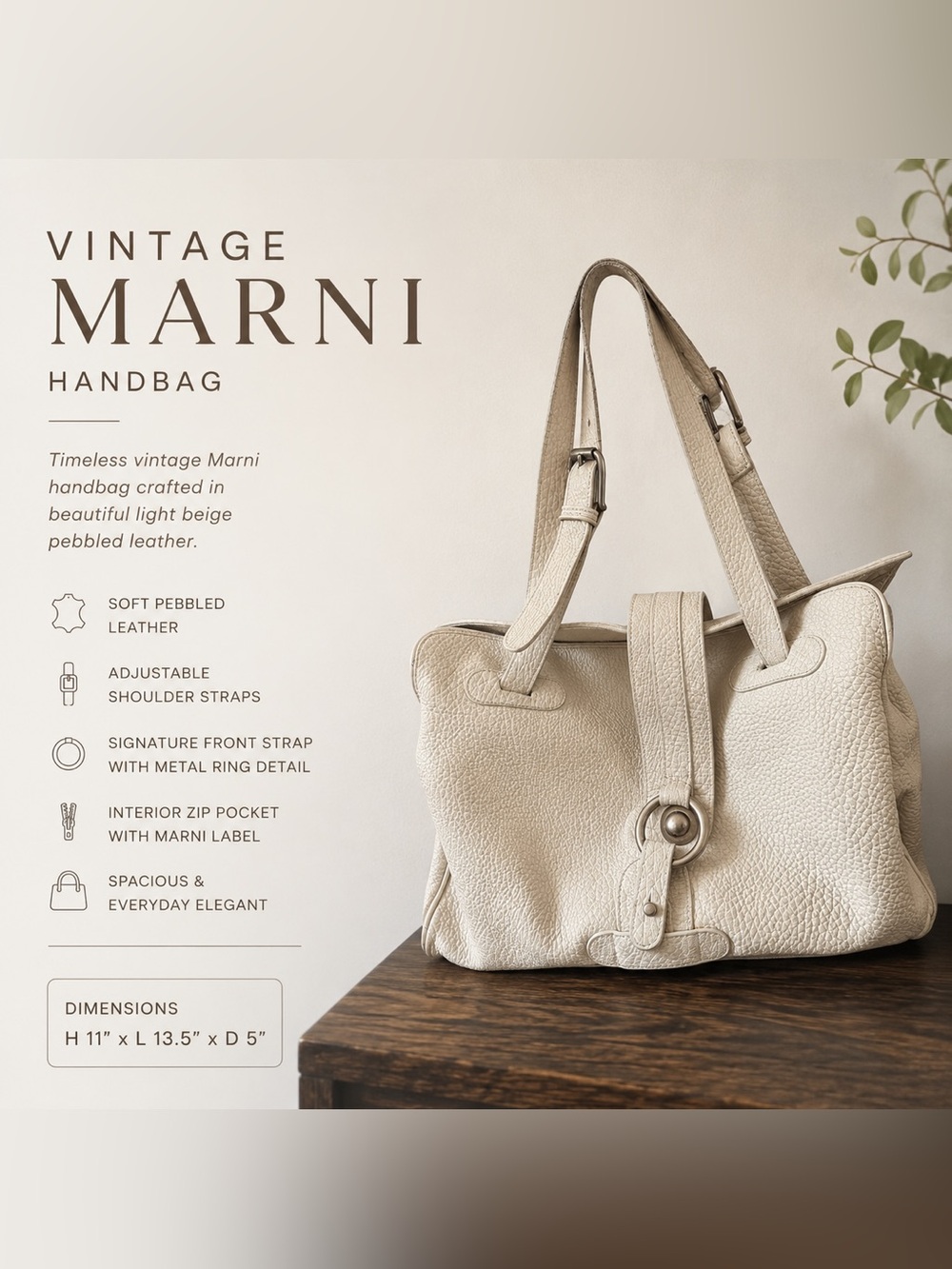Vintage Marni Cream Pebbled Leather Shoulder Bag with Metal Ring
